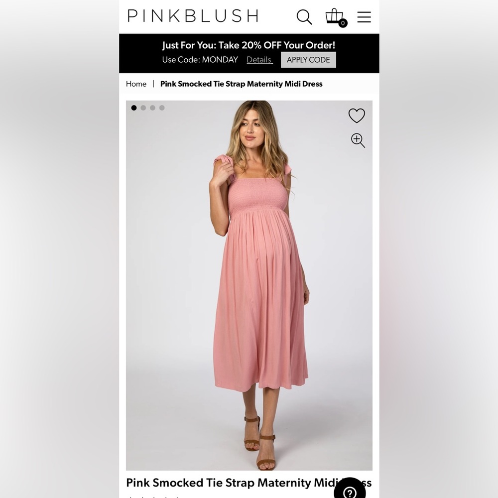 Pinkblush Pink Smocked Tie Strap Midi Dress, Size Small, NWT